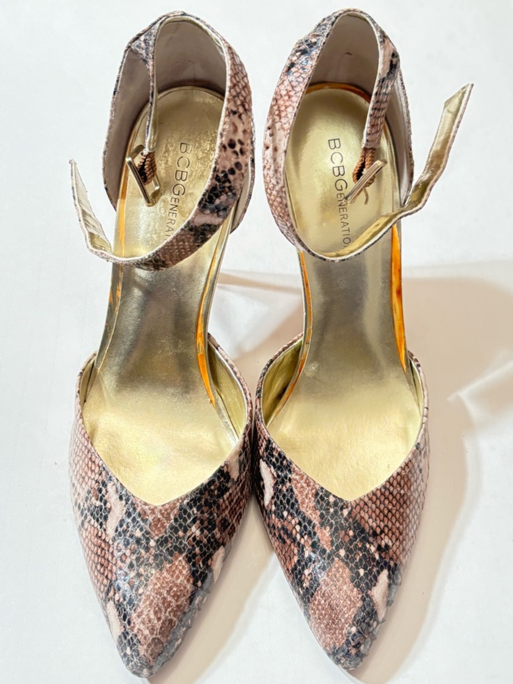 BCBGeneration Brown/Tan Snake Print Pointed Ankle-Strap Heels